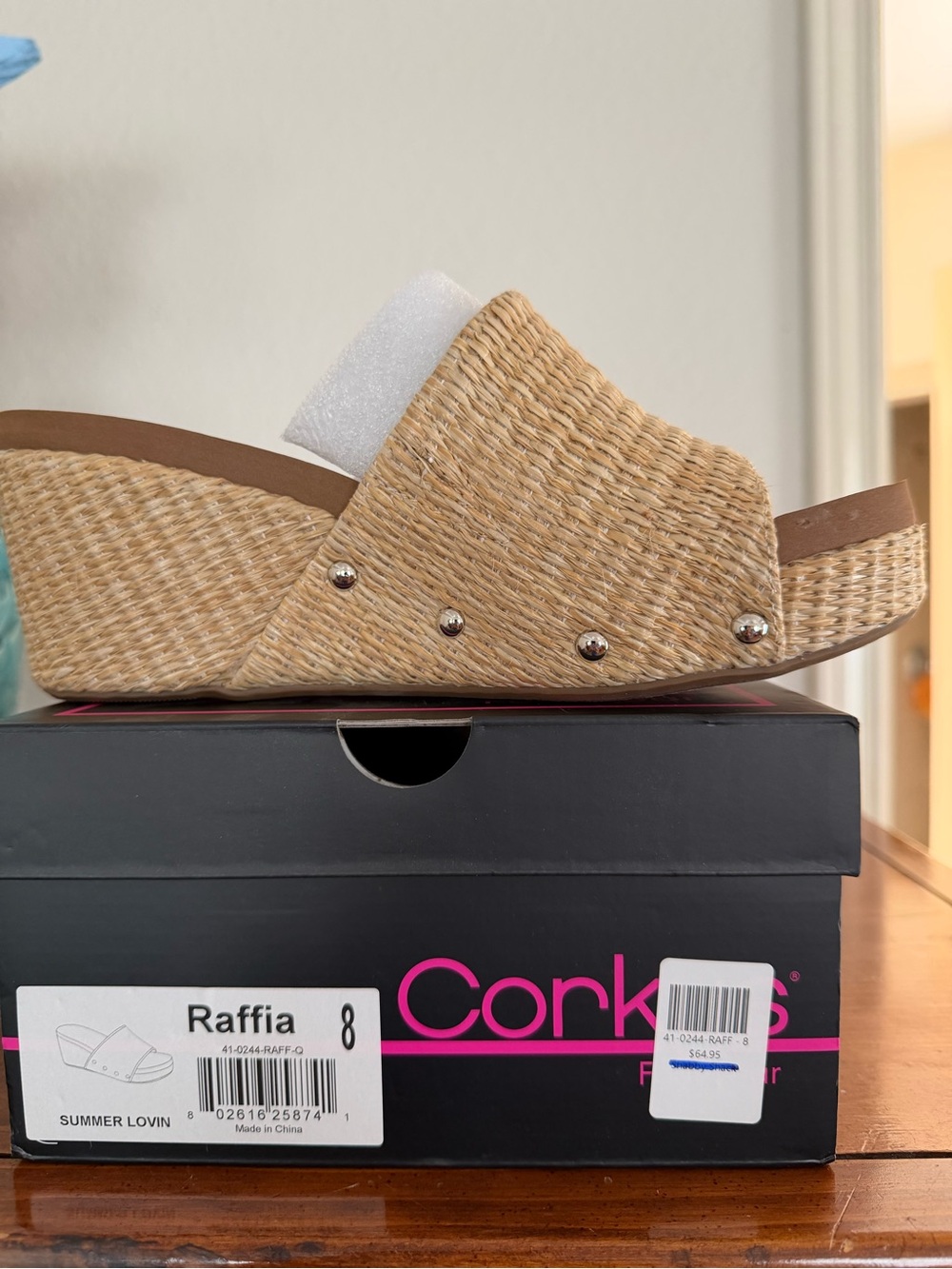 Corkys Natural Raffia Studded Wedge Slide